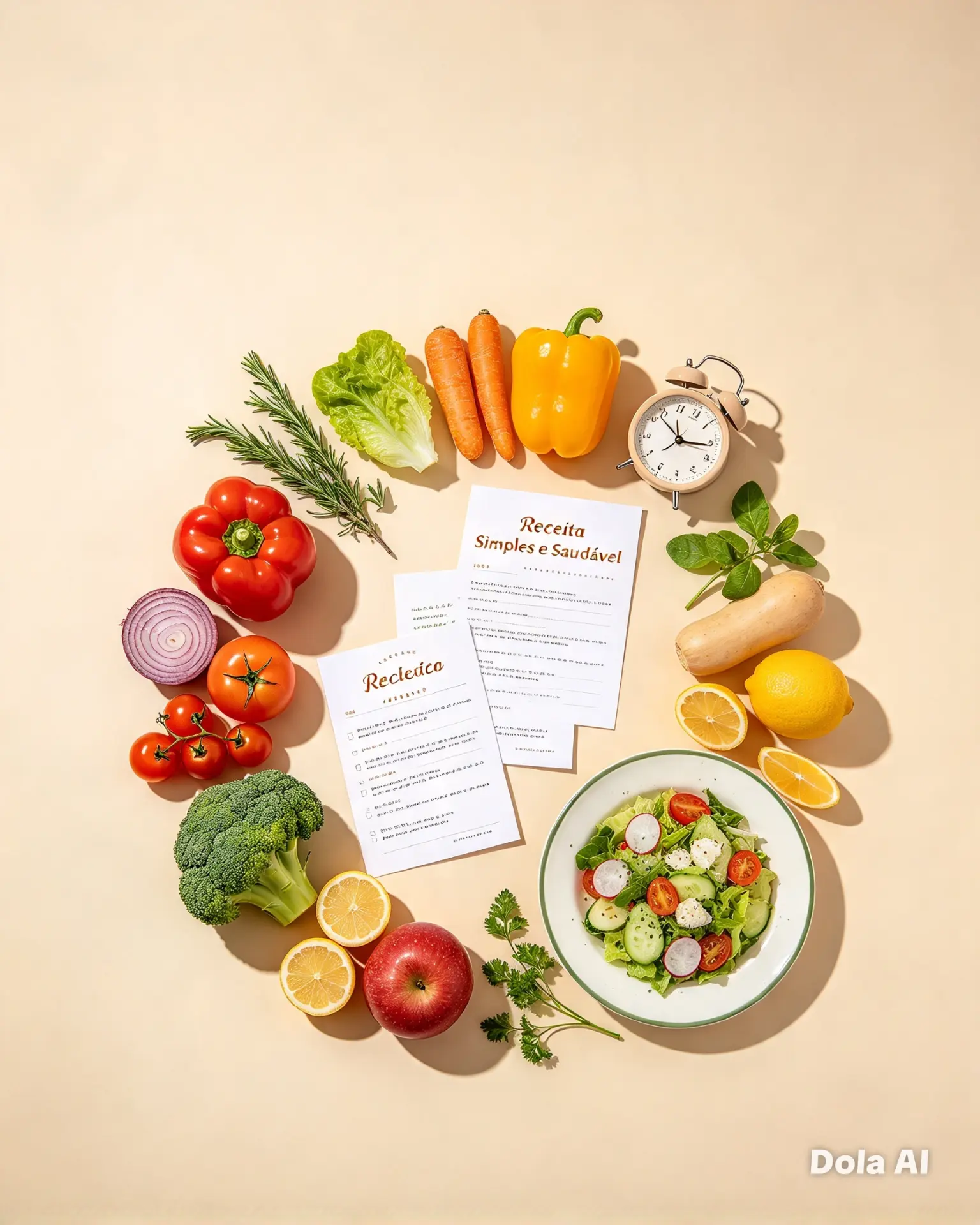 Vegetais, frutas e uma salada junto a folhas de receitas