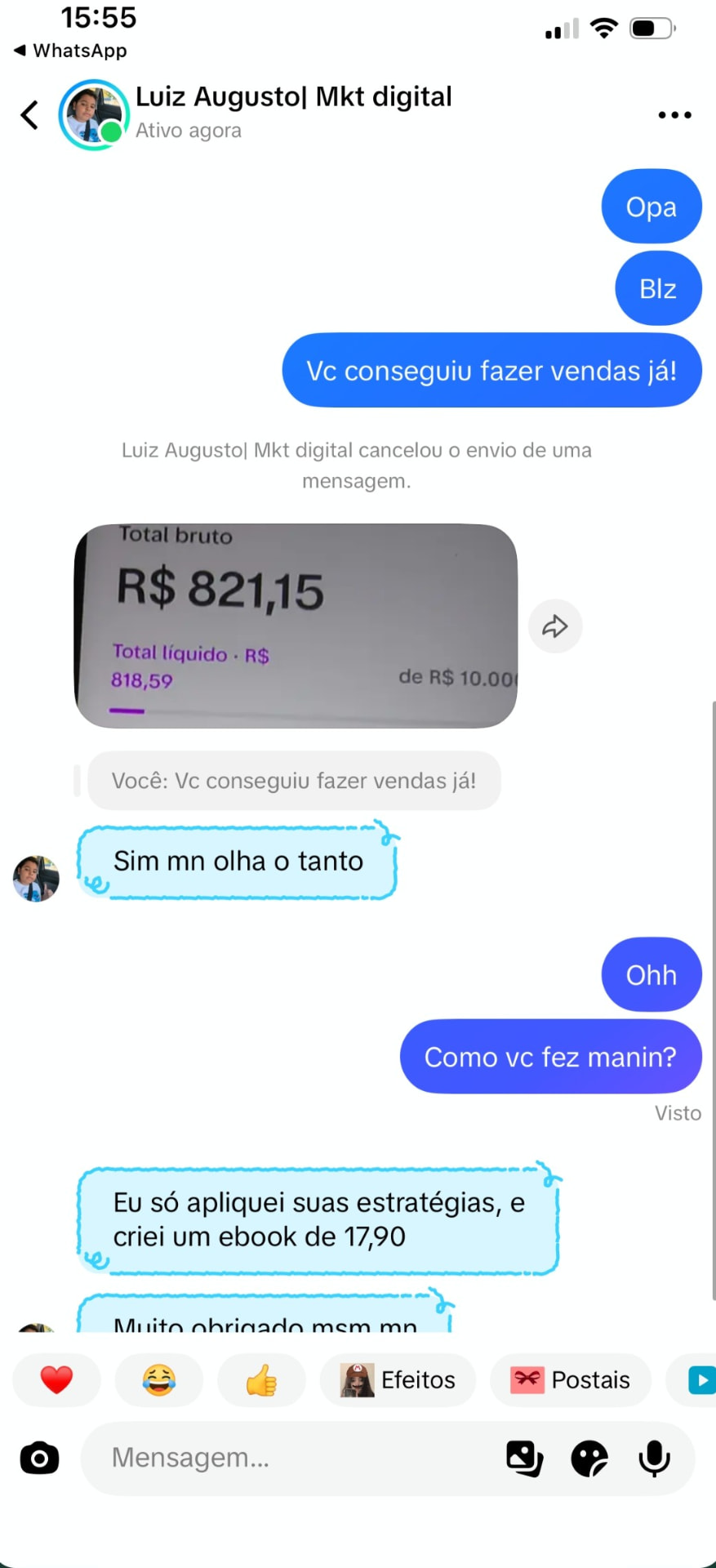 Painel de vendas mostrando total bruto de R$ 821,15