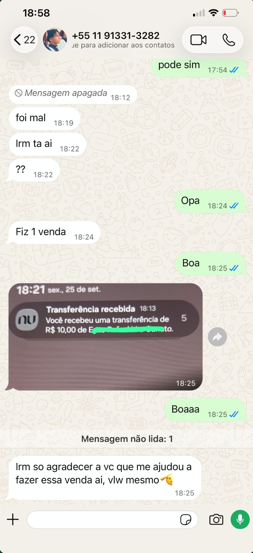Conversa de aluno: 'Fiz 1 venda' e aviso de transferência recebida de R$ 10