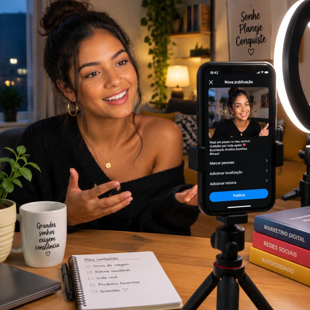 Criadora gravando vídeo com celular e ring light para divulgar no Facebook