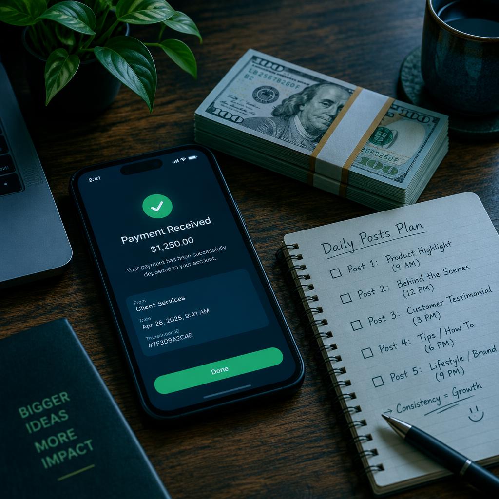 Celular com pagamento recebido, notas de dólar e plano de postagens no caderno
