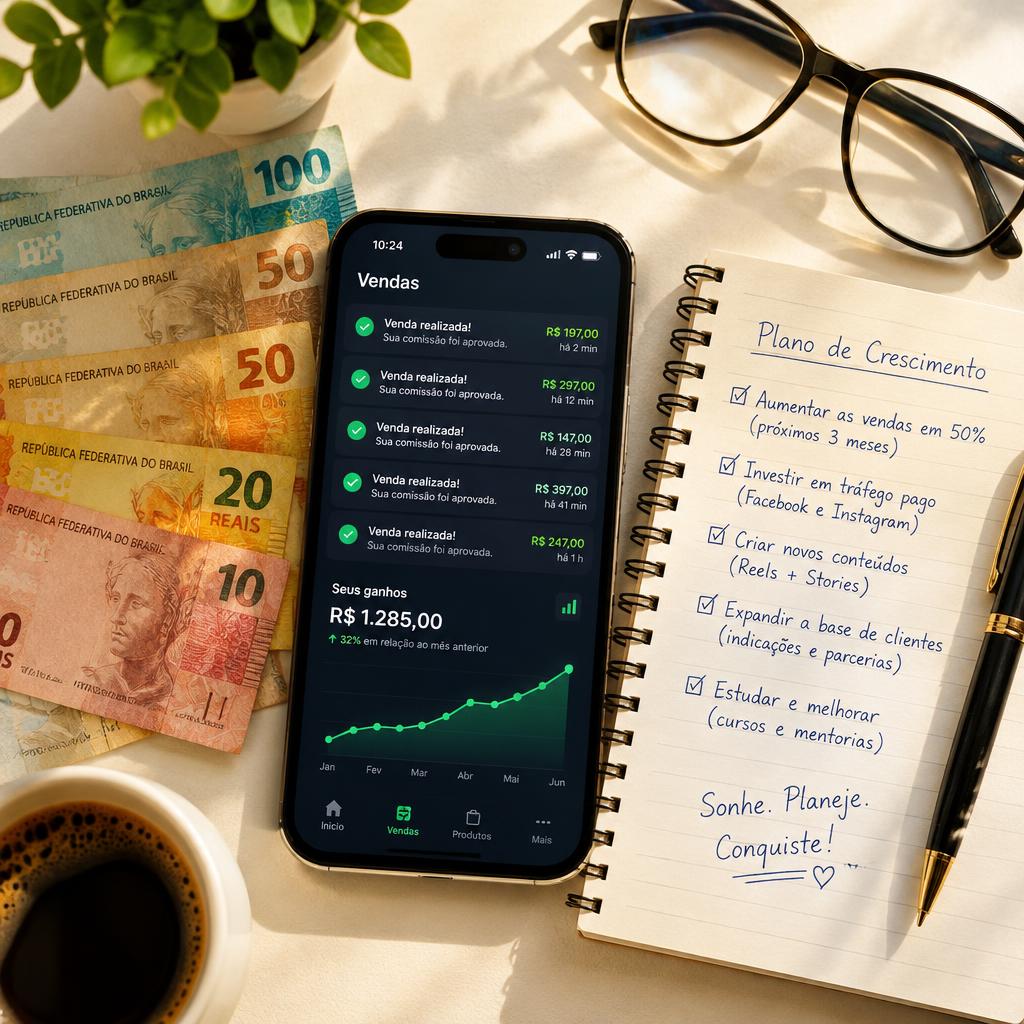 Celular com notificações de vendas ao lado de notas de dinheiro e um caderno de plano